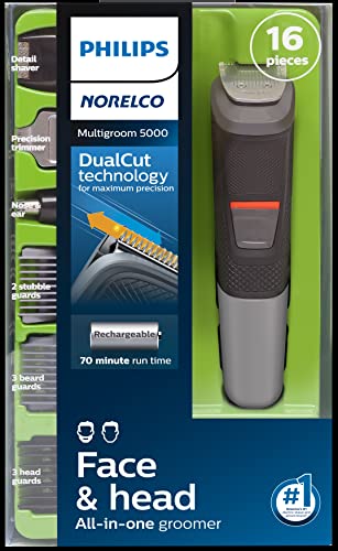 Philips Norelco Multigroomer All-in-One Trimmer Series 5000, 18 Piece Mens Grooming Kit, for Beard Face, Hair, Body Hair Trimmer for Men, No Blade Oil Needed, MG5750/49
