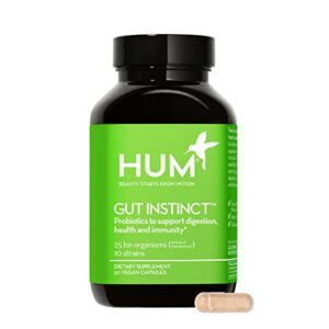 hum gut instinct – gut health daily probiotic blend for overall digestive health – lactobacillus + bifidobacterium strains for bloating relief, immune support + healthy gut diversity (30 capsules)