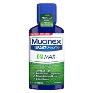 maximum strength mucinex fast-max dm max liquid, 6 fl. oz. controls cough, relieves chest congestion, thins & loosens mucus(packaging may vary)