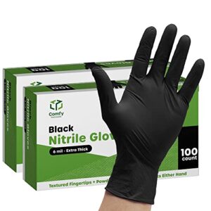 [200 Count] Black Nitrile Disposable Gloves 6 Mil. Extra Strength Latex & Powder Free, Chemical Resistance, Textured Fingertips Gloves - Small