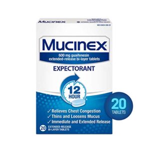 chest congestion, mucinex expectorant 12 hour extended release tablets, 20ct, 600mg guaifenesin with extended relief of chest congestion caused by excess mucus. thins and loosens mucus
