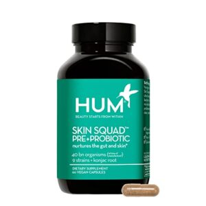 hum skin squad – vegan clear skin gut probiotic supplement – prebiotic konjac root & 9 strain probiotic blend for a healthy gut microbiome, decreased breakouts & glowing even skin tone (60 capsules)