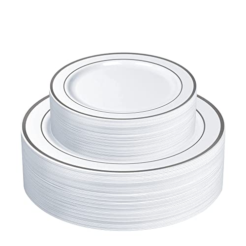 Comfy Package [60 Piece] Combo Silver Trim Plastic Plates - Premium Heavy-Duty 30 Disposable 10.25" Dinner Party Plates and 30 Disposable 7.5" Salad Plates