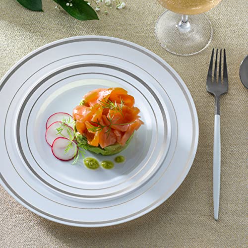 Comfy Package [60 Piece] Combo Silver Trim Plastic Plates - Premium Heavy-Duty 30 Disposable 10.25" Dinner Party Plates and 30 Disposable 7.5" Salad Plates
