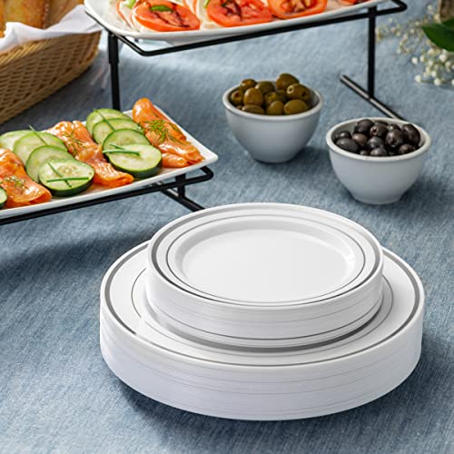 Comfy Package [60 Piece] Combo Silver Trim Plastic Plates - Premium Heavy-Duty 30 Disposable 10.25" Dinner Party Plates and 30 Disposable 7.5" Salad Plates