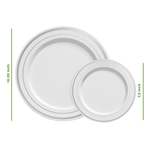 Comfy Package [60 Piece] Combo Silver Trim Plastic Plates - Premium Heavy-Duty 30 Disposable 10.25" Dinner Party Plates and 30 Disposable 7.5" Salad Plates