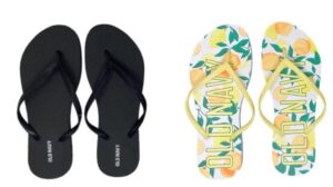 old navy women beach summer casual flip flop sandals with peekaboo dust cover (10 lemon logo & black flip flops)