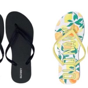 Old Navy Women Beach Summer Casual Flip Flop Sandals with Peekaboo Dust Cover (10 Lemon Logo & Black Flip Flops)