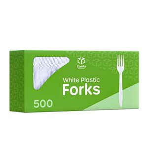 [500 pack] extra heavyweight disposable white plastic forks