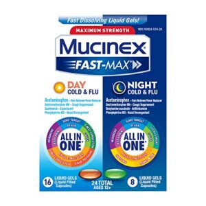 mucinex fast-max maximum strength cold & flu day and night medicine, all-in-one multi-symptom relief liquid gels – 24 count (16 day time + 8 night time) (packaging may vary)