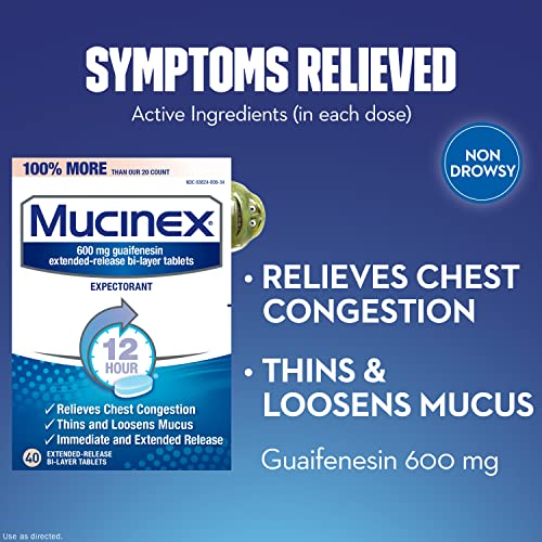 Mucinex Chest Congestion, 12 Hour Extended Release Tablets, 40ct, 600 mg Guaifenesin Relieves Chest Congestion Caused by Excess Mucus, 1 Doctor Recommended OTC Expectorant (Pack of 2)