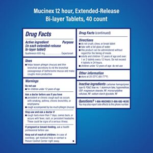 Mucinex Chest Congestion, 12 Hour Extended Release Tablets, 40ct, 600 mg Guaifenesin Relieves Chest Congestion Caused by Excess Mucus, 1 Doctor Recommended OTC Expectorant (Pack of 2)