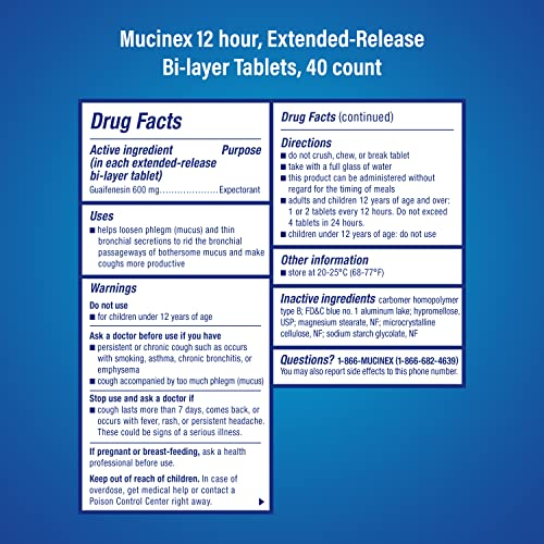 Mucinex Chest Congestion, 12 Hour Extended Release Tablets, 40ct, 600 mg Guaifenesin Relieves Chest Congestion Caused by Excess Mucus, 1 Doctor Recommended OTC Expectorant (Pack of 2)