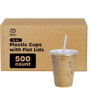 comfy package [bulk case of 5/100 sets] 16 oz. crystal clear plastic cups with flat lids
