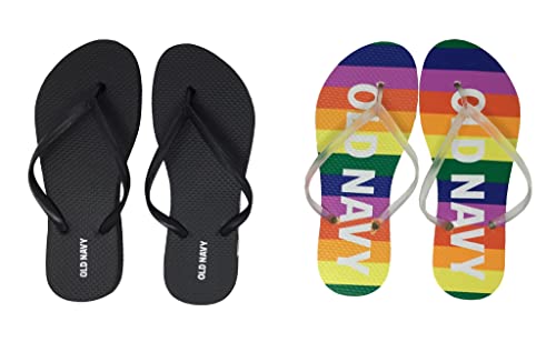 Old Navy Women Beach Summer Casual Flip Flop Sandals (9 Rainbow Stripe Logo & Black Flip Flops) with Dust Cover