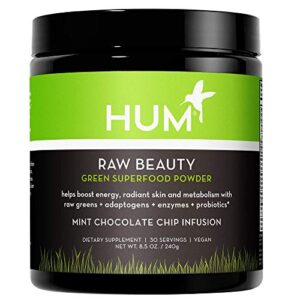hum raw beauty greens superfood powder – vegan probiotic powder with adaptogens + digestive enzymes – promotes glowing skin, natural energy & healthy metabolism – chocolate mint (30 servings)