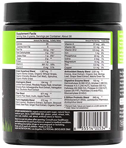 HUM Raw Beauty Greens Superfood Powder - Vegan Probiotic Powder with Adaptogens + Digestive Enzymes - Promotes Glowing Skin, Natural Energy & Healthy Metabolism - Chocolate Mint (30 Servings)