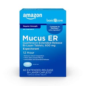 amazon basic care guaifenesin cough and mucus relief extended-release tablets, 600 mg, 12 hour expectorant caplet 60 count