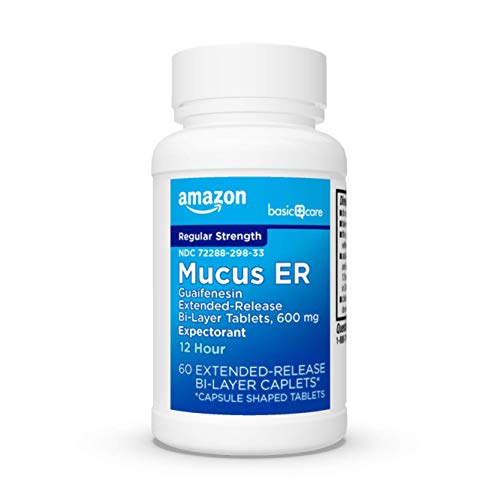 Amazon Basic Care Guaifenesin Cough and Mucus Relief Extended-Release Tablets, 600 mg, 12 Hour Expectorant Caplet 60 Count