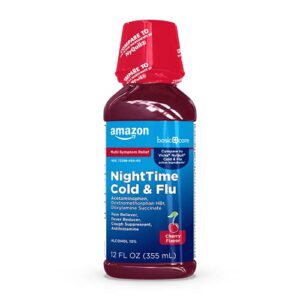amazon basic care nighttime cold & flu relief, pain reliever, fever reducer, cough suppressant, antihistamine, cherry flavor, 12 fluid ounces