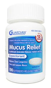 guardian mucus relief, 600mg guaifenesin 12 hour extended release, chest congestion expectorant (100 count bottle)