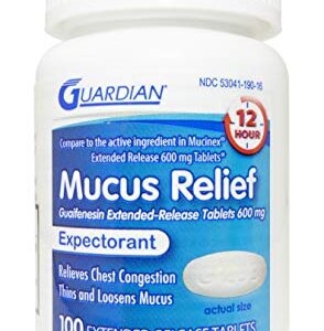 Guardian Mucus Relief, 600mg Guaifenesin 12 Hour Extended Release, Chest Congestion Expectorant (100 Count Bottle)