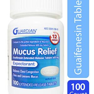 Guardian Mucus Relief, 600mg Guaifenesin 12 Hour Extended Release, Chest Congestion Expectorant (100 Count Bottle)