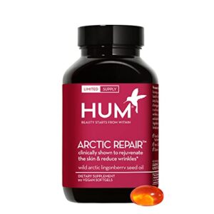 hum arctic repair – anti wrinkle + skin hydration anti aging supplement – vitamin a, omega 3, 6 & 9, and lingonberry seed oil to support skin elasticity + density (90 vegan softgels)