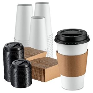 comfy package [100 sets – 16 oz. disposable coffee cups with lids, sleeves, stirrers – to go paper hot cups