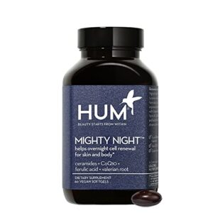 hum mighty night – nighttime skin supplement with moisturizing ceramides + anti aging coq10 and ferulic acid to promote skin cell turnover overnight – nighttime beauty vitamins for women (60 softgels)