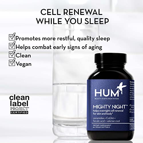 HUM Mighty Night - Nighttime Skin Supplement with Moisturizing Ceramides + Anti Aging CoQ10 and Ferulic Acid to Promote Skin Cell Turnover Overnight - Nighttime Beauty Vitamins for Women (60 Softgels)