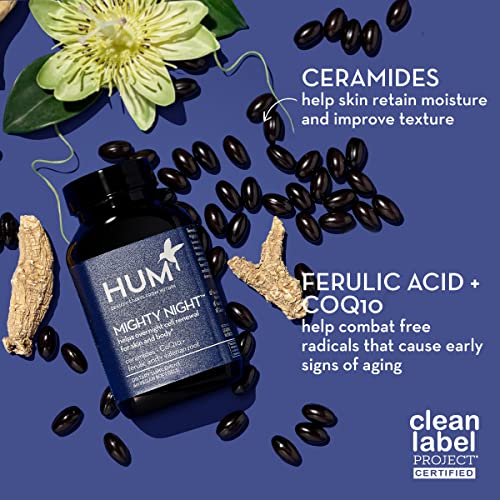 HUM Mighty Night - Nighttime Skin Supplement with Moisturizing Ceramides + Anti Aging CoQ10 and Ferulic Acid to Promote Skin Cell Turnover Overnight - Nighttime Beauty Vitamins for Women (60 Softgels)