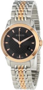 gucci women’s ya126512 gucci timeless steel and pink pvd black dial watch