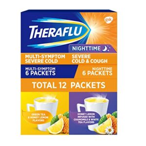 theraflu combo daytime and nighttime severe cold relief powder, honey lemon flavor, 12 count, 6 daytime and 6 nighttime