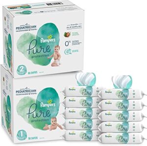 pampers pure protection disposable baby diapers starter kit (2 month supply), sizes 1 (198 count) & 2 (186 count) with aqua pure baby wipes, 10x pop-top packs (560 count)