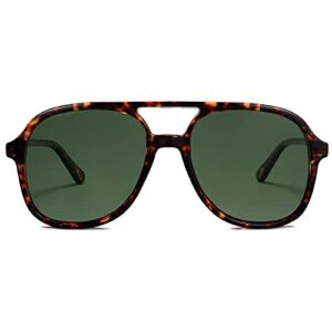 SOJOS Retro Square Polarized Aviator Sunglasses Womens Mens 70s Vintage Double Bridge Sun Glasses SJ2174, Dark Tortoise/Green