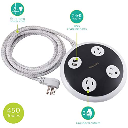 Philips 3 Outlet 2 USB Surge Protector Orb, 8 ft Braided Extension Cord, Flat Plug, Power Hub, Round, 450 Joules, White, SPP6230WC/37