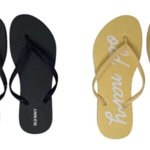 Old Navy Women Beach Summer Casual Flip Flop Sandals (9 Yellow Script Logo & Black Flip Flops) with Dust Cover