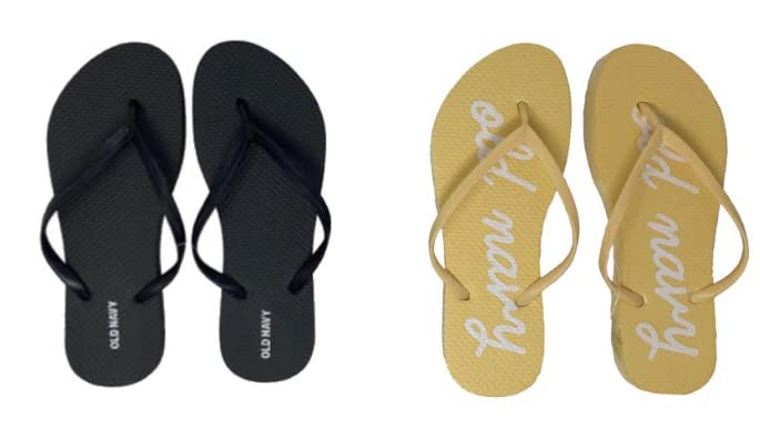 Old Navy Women Beach Summer Casual Flip Flop Sandals (9 Yellow Script Logo & Black Flip Flops) with Dust Cover