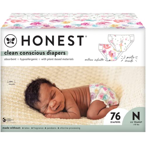 The Honest Company Clean Conscious Diapers | Plant-Based, Sustainable | Rose Blossom + Tutu Cute | Club Box, Size Newborn, 76 Count