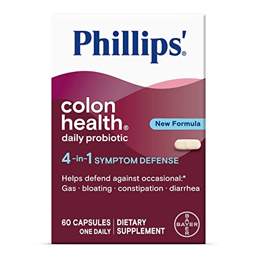 Phillips’ Colon Health Daily Probiotic Capsules, 4-in-1 Symptom Defense to help defend against Occasional Gas, Bloating, Constipation, and Diarrhea, Daily Supplement, 60 Count