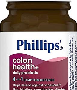 Phillips’ Colon Health Daily Probiotic Capsules, 4-in-1 Symptom Defense to help defend against Occasional Gas, Bloating, Constipation, and Diarrhea, Daily Supplement, 60 Count