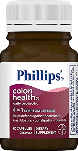 Phillips’ Colon Health Daily Probiotic Capsules, 4-in-1 Symptom Defense to help defend against Occasional Gas, Bloating, Constipation, and Diarrhea, Daily Supplement, 60 Count