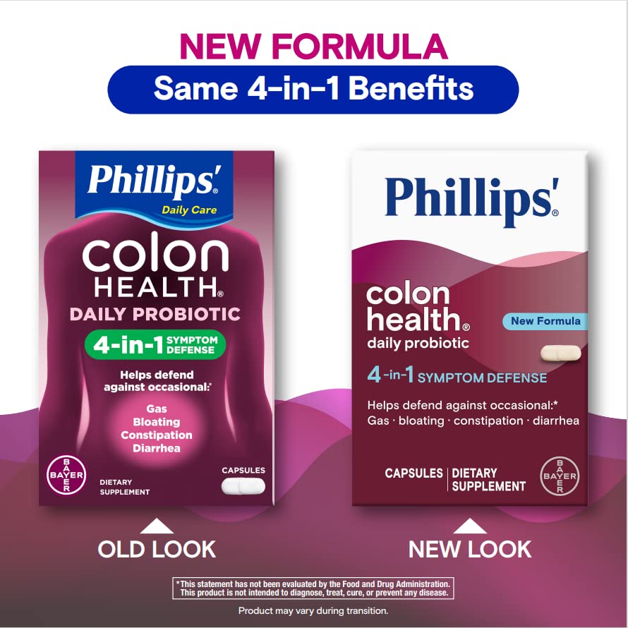 Phillips’ Colon Health Daily Probiotic Capsules, 4-in-1 Symptom Defense to help defend against Occasional Gas, Bloating, Constipation, and Diarrhea, Daily Supplement, 60 Count