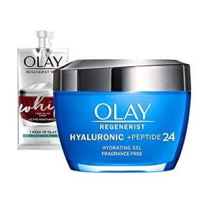 olay regenerist hyaluronic acid + peptide 24 gel face moisturizer for all day skin hydration, fragrance-free, 1.7 oz with niacinamide, includes olay whip travel size for dry skin