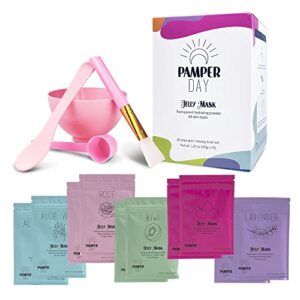 pamper day – jelly masks for facials, peel off face mask bundle kit, jelly mask facial kit for skin care, spa mask set with 10 fruit peel masks, silicone brush, mixing bowl, spatula, & measuring spoon