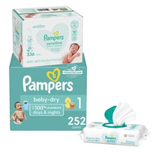 diapers newborn / size 1 (8-14 lb), 252 count – pampers baby dry disposable baby diapers, one month supply with baby wipes sensitive 6x pop-top packs, 336 count (packaging may vary)