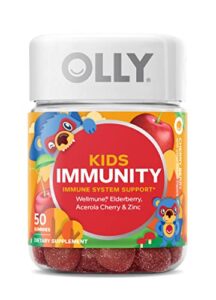 olly kids immunity gummy, immune support, wellmune, elderberry, vitamin c, zinc, chewable supplement, cherry – 50 count