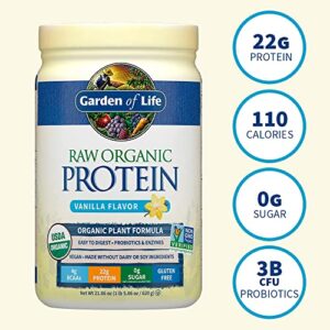 Garden of Life Raw Organic Protein Vanilla Powder, 20 Servings: Certified Vegan, Gluten Free, Organic, Non-GMO, Plant Based Sugar Free Protein Shake with Probiotics & Enzymes, 4g BCAAs, 22g Protein