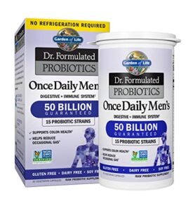 garden of life probiotics for men – dr formulated 50 billion cfu probiotic + prebiotic fiber for men’s digestive & immune health, 15 strains, daily constipation relief, gas & bloating, 30 capsules